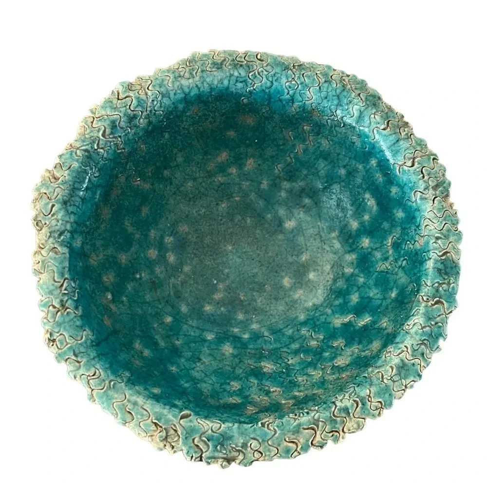 Raku Turquoise Textured Bowl Signed Sindy Unusual